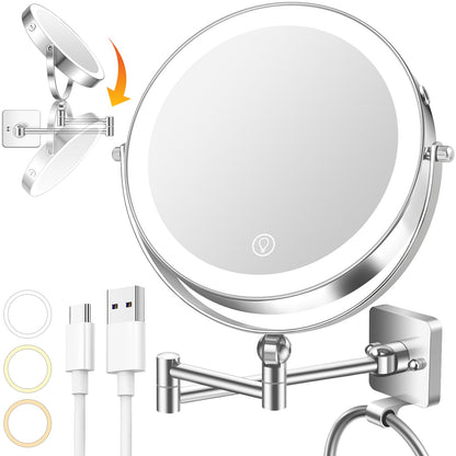 Lighted Makeup Mirror, Rechargeable Height Adjustable Double Sided, 1x/10x Magnifying with 3 Color, Brightness Adjustable, 360° Rotation Vanity, Gift for Women