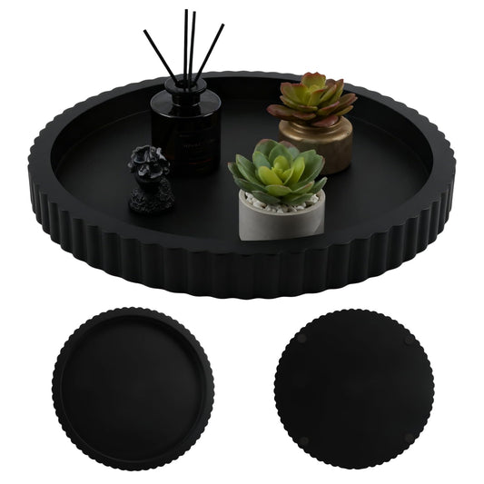 12 Inch Round Wood Grain Tray, Black Decorative Centerpiece Tray, MDF Serving Tray for Coffee Table, Kitchen & Home Decoration(Color:Black)