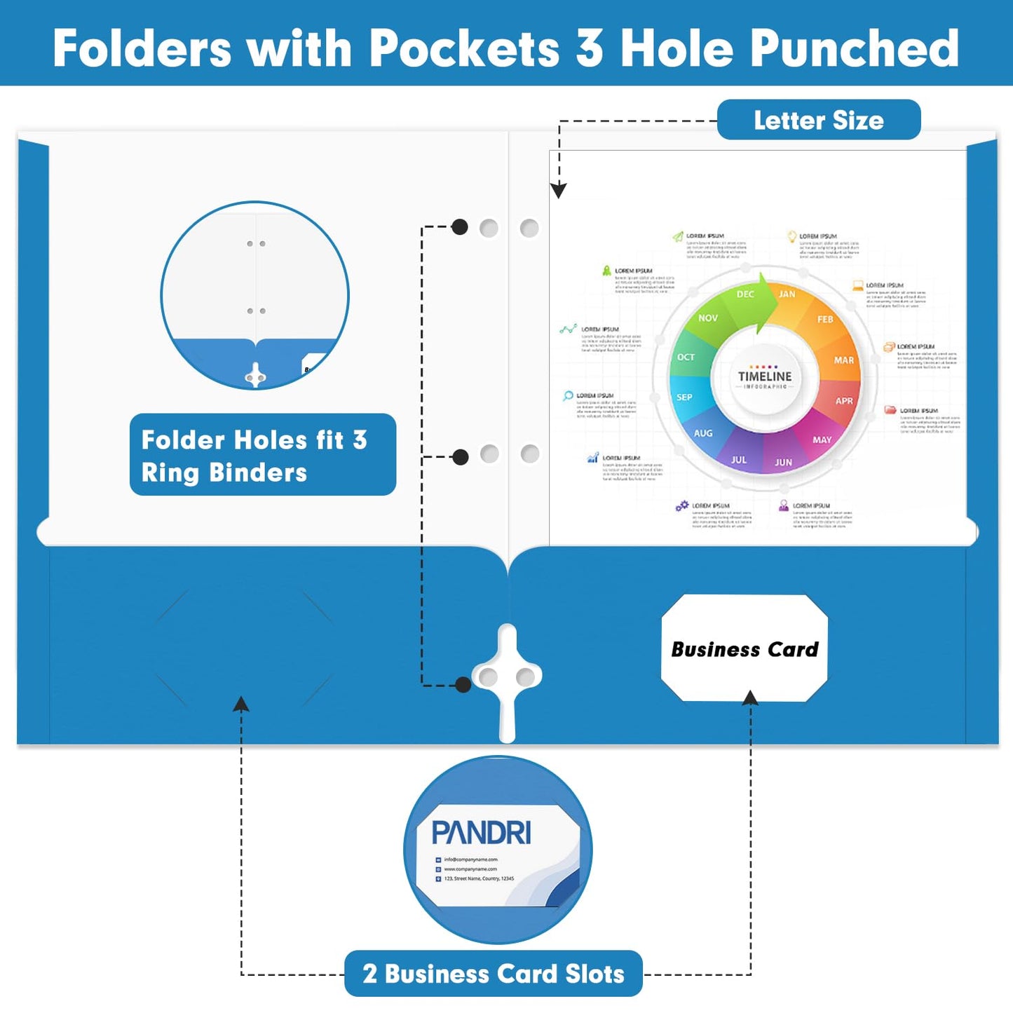 Two Pocket Portfolio Folders, PANDRI 60 Pack 3 Hole Punched 2 Pocket Folders for 3 Ring Binder, Letter Size Paper File Folder for School Office Home Business, Blue