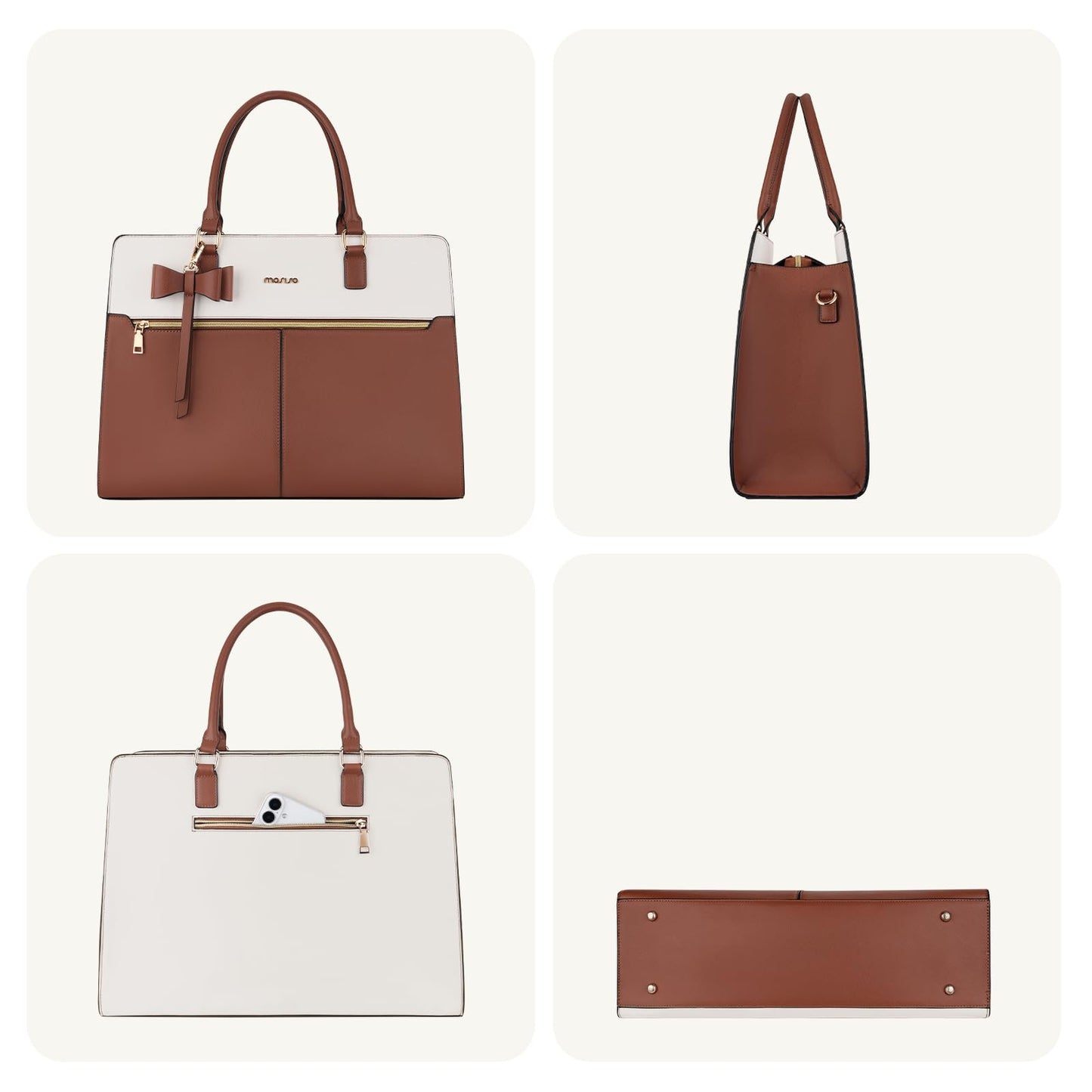 MOSISO Laptop Tote Bag for Women, 15.6 inch Waterproof PU Leather Work Bag with Clutch Purse & Bowknot, Large Capacity Handbag Shoulder Computer Bags Work Briefcase for Business Teacher Office, Brown