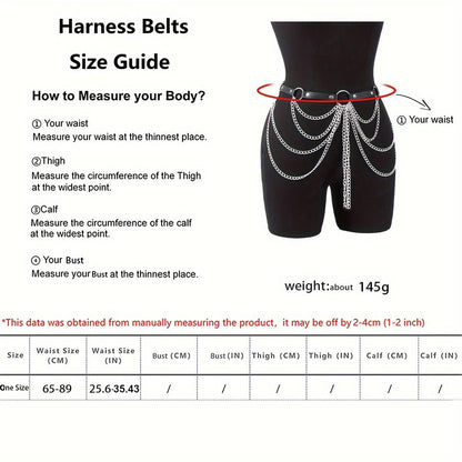 Ulekuke Punk Gothic Leather Waist Chain Belt for Women Layered Body Jewelry Black Silver Rave Accessories Festival Goth Fashion(Siceng)