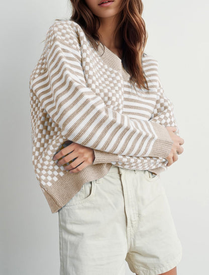 UNCLECAT Women's Striped Checkered Sweater 2025 V Neck Fall Sweaters Casual Knit Trendy Pullover Tops