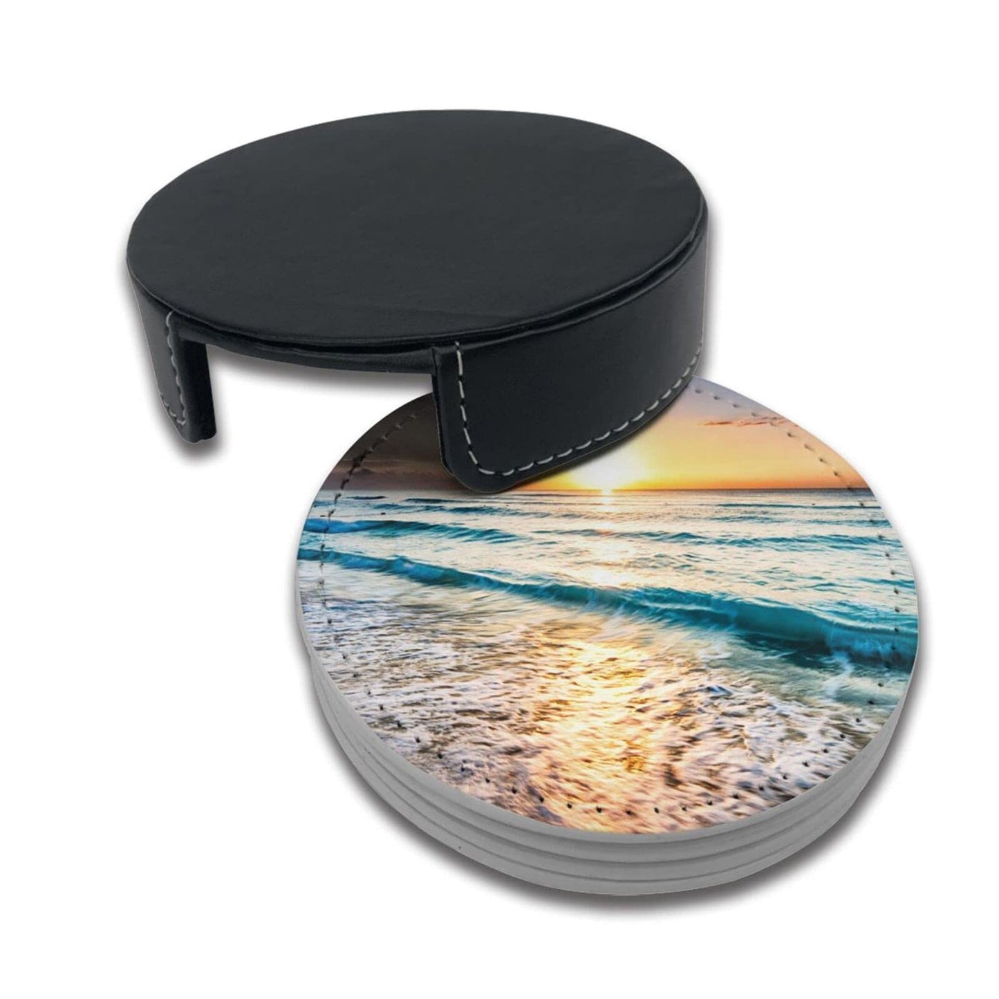 Ocean Theme Sand Beach Wave Sea Water Pattern Leather Drinks Coasters with Holder Set of 6, Suitable for Kinds of Cups