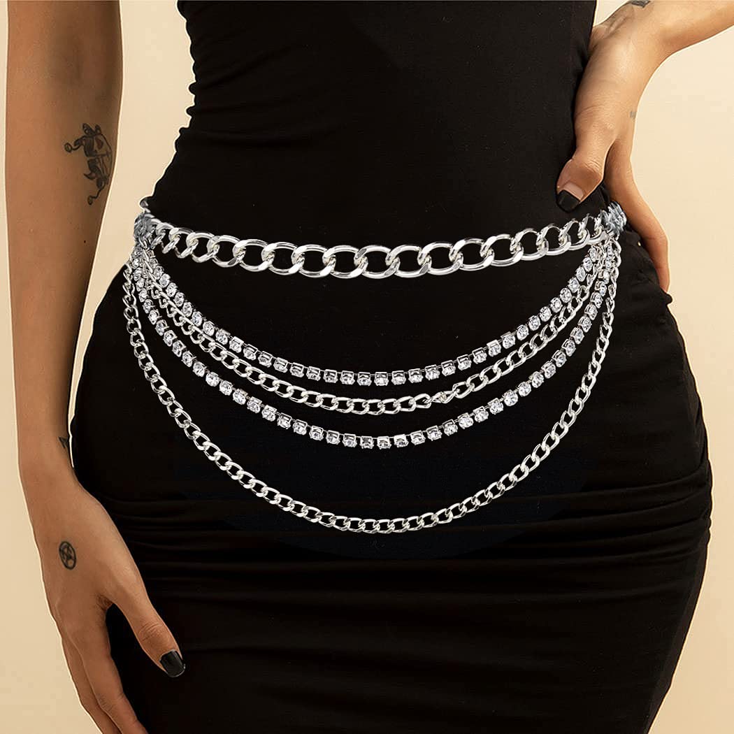 Suyi Multilayer Chain Belt Rhinestone Metal Chain Belts for Women Punk Gold Waist Chain Plus Size 150CM Silver