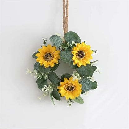 2 Pcs Artificial Sunflower Candle Rings, Fake Sunflower Candle Wreaths Ring Artificial Yellow Flower Leaves Wreath Fake Floral Candles Rings for Wedding Party Decorations