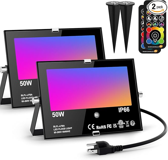 LED Flood Light Outdoor RGB Stage Lights Color Changing 500W Equivalent 2700k Warm White 5000LM(Remote Control, 120 Colors Strobe, Dimmable, Timing, US 3-Plug) Wall Wash Landscape Spotlight 2 Pack