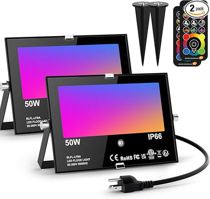 LED Flood Light Outdoor RGB Stage Lights Color Changing 500W Equivalent 2700k Warm White 5000LM(Remote Control, 120 Colors Strobe, Dimmable, Timing, US 3-Plug) Wall Wash Landscape Spotlight 2 Pack