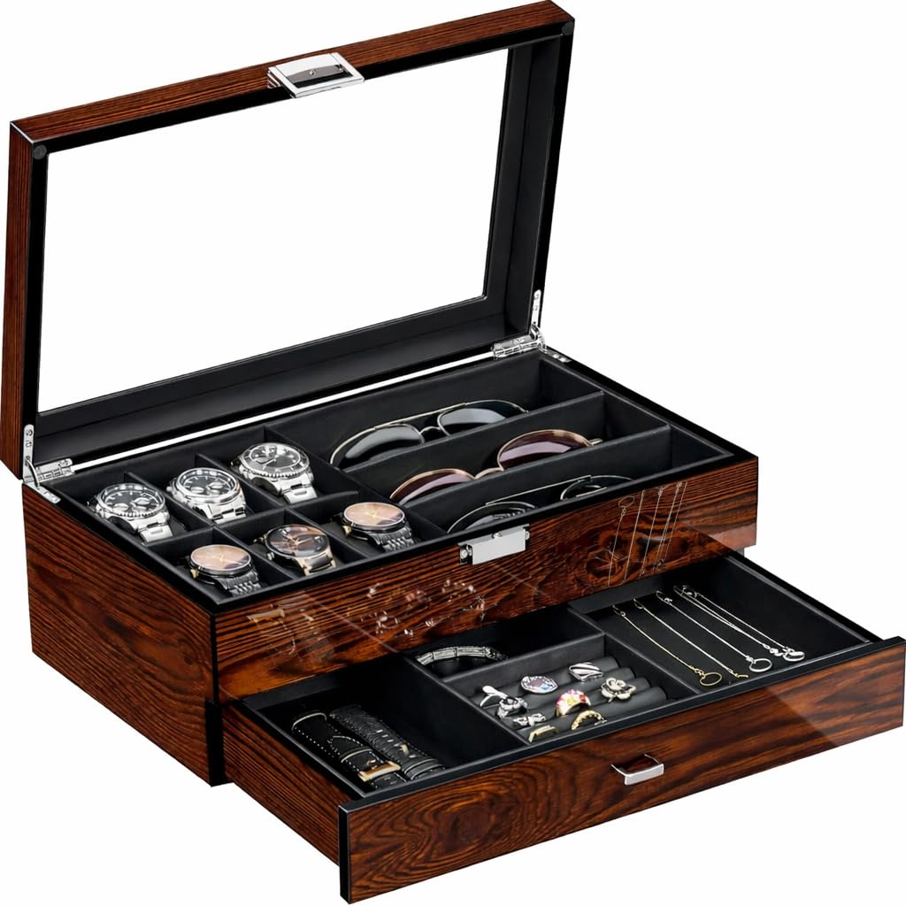 BEWISHOME Men's Wooden Jewelry Box Organizer, 6 Watch and 3 Sunglasses Organizer for Men, Wood Watch Display Case with Glass Lid and PU Leather Interior