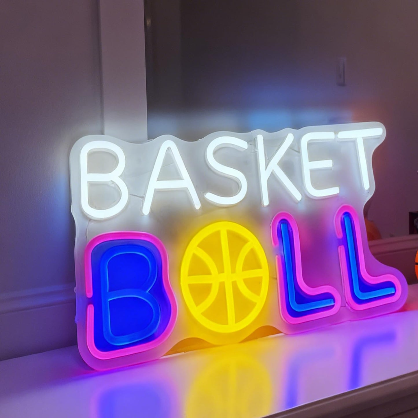 Basketball LED Neon Sign, Sports Theme Light Up Neon Sign, Teen Bedroom Game Room Home Wall Table Decor, Basketball Fan Birthday Party Gift, USB Powered Decorative Light 16.5 x 9.8 In