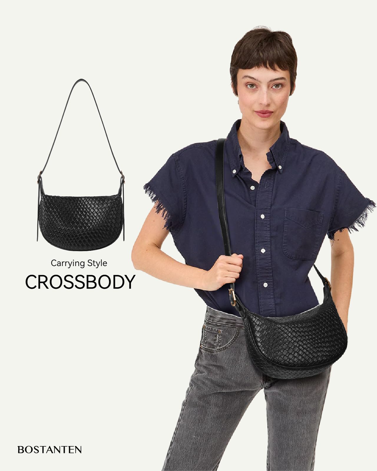 BOSTANTEN Purses for Women Crescent Crossbody Bag Vegan Leather Shoulder Hobo Handbag Adjustable Strap, Small Black