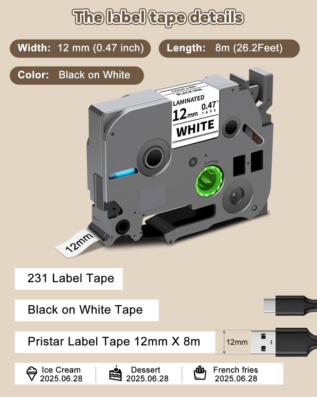 10-Pack TZe 12mm 0.47 Laminated White Tape Compatible for TZe-231 TZe231 TZ-231 Label Tape Refills for P Touch Label Maker Tape PT-H110 D220 D600 D410 D210 D200 D400 P700 1280 1880, 1/2 Inch