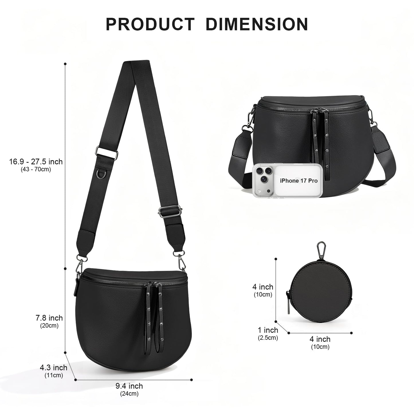 MOETYANG Crossbody Bags for Women Large Vegan Leather Bum Bag with Coin Purse (Black)