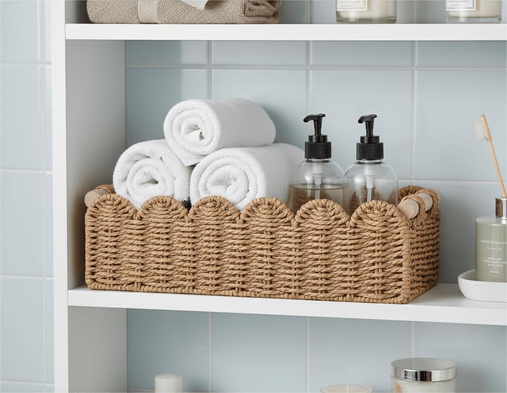CubesLand Paper Rope Scalloped Edge Toilet Paper Storage Basket, Small Living Room, Bedroom Decor Baskets for Over Toilet Storage Shelf, End Table, Shelves and More, with 2 Wooden Handle, Neutral