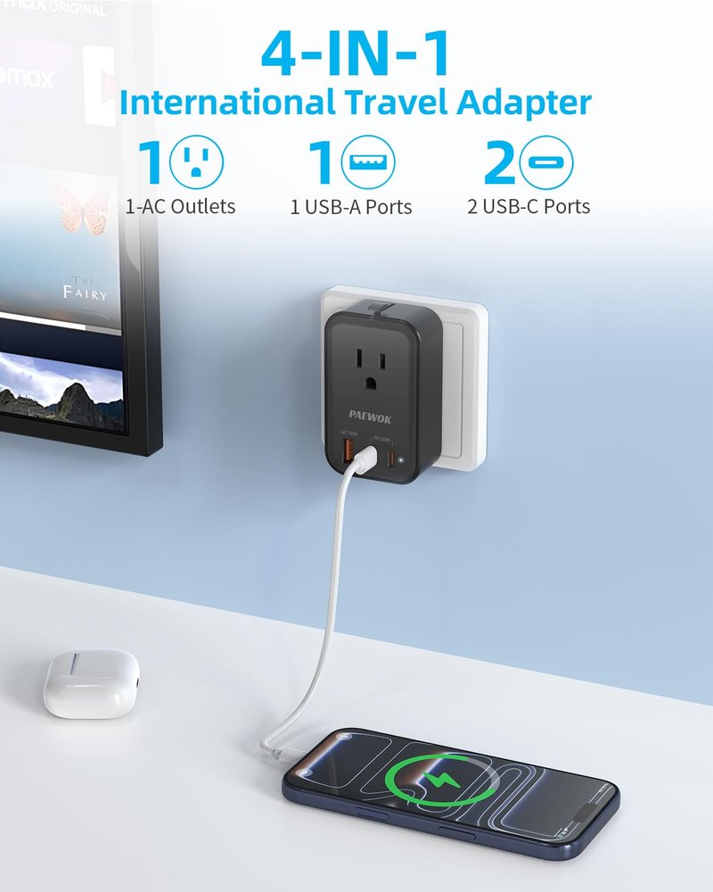 PAEWOK Travel Adapter PD 20W, Mini Universal Travel Adapter with 1 AC Outlet and USB Fast Charging, Ultra Thin International Plug Adaptor for US to European UK Italy Spain New Zealand (Type C G A I)