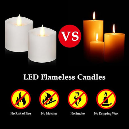 Flickering Flameless Candles Battery Operated with Remote Timer - Realistic 3D Moving Flame Candles, 600+ Hours Long-Lasting White LED Wax Candles for Wedding Home Decor, 3x3 Inch Set of 2