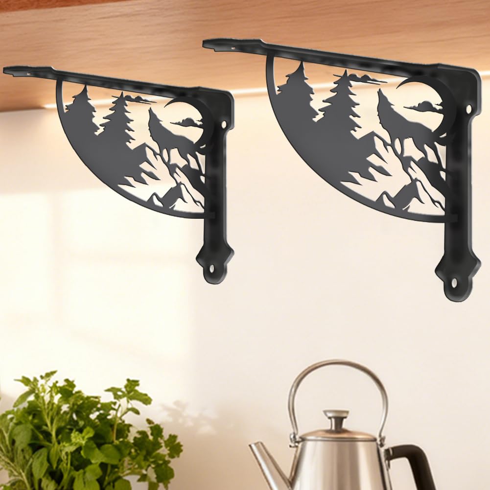 PRESSINART 2Pcs Ornamental Shelf Support Brackets 6.77 x 8.27 x 0.08 Inch Forest Shelf Brackets Black Wolf Tree Iron Wall Mount Ornate Right Angle Rustic Style Holder for Kitchen Bedroom Decoration
