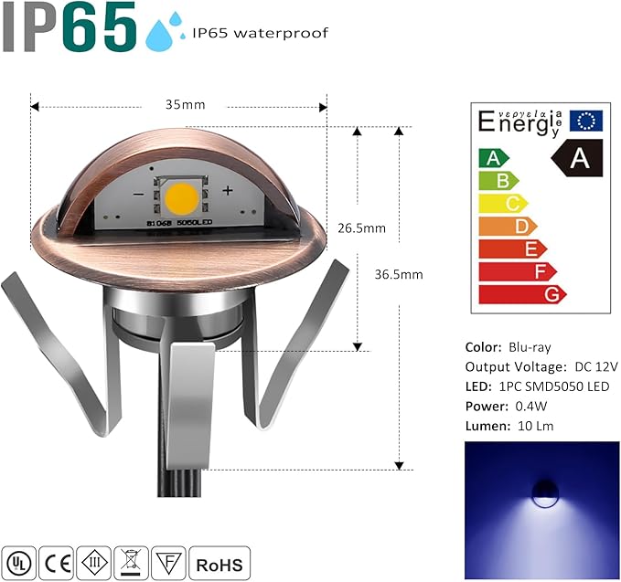 LED Stair Light Low Voltage Waterproof IP65 Outdoor 1-2/5" Recessed Wood LED Deck Lighting Yard Garden Patio Step Landscape Pathway Decor Lamp (10pcs, Blue)