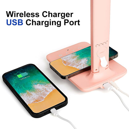 Multifunctional LED Desk Lamp with Wireless Charger,USB Charging Port,Clock,Phone Holder,Desk Lamps for Home Office,Eye-Caring Reading Lamp,Study Lamp for Boys,Girls,Teens,White