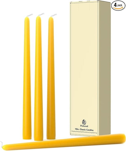 10-Inch Tall Dripless Taper Candles Set of 4 - Lemon Yellow Tapered Candles, Perfect for Spring - Smokeless, Unscented, Long Burning - Hand Poured, Colored Tall Candlesticks - Lemon