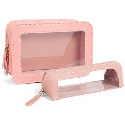 LETGO 2Pack Clear Makeup Bags Set, Small Clear Makeup Bag, PU Leather Travel Makeup Brush Case Portable Transparent Waterproof Cosmetic Organizer Pouch with Zipper for Women(2Pack-White Set)
