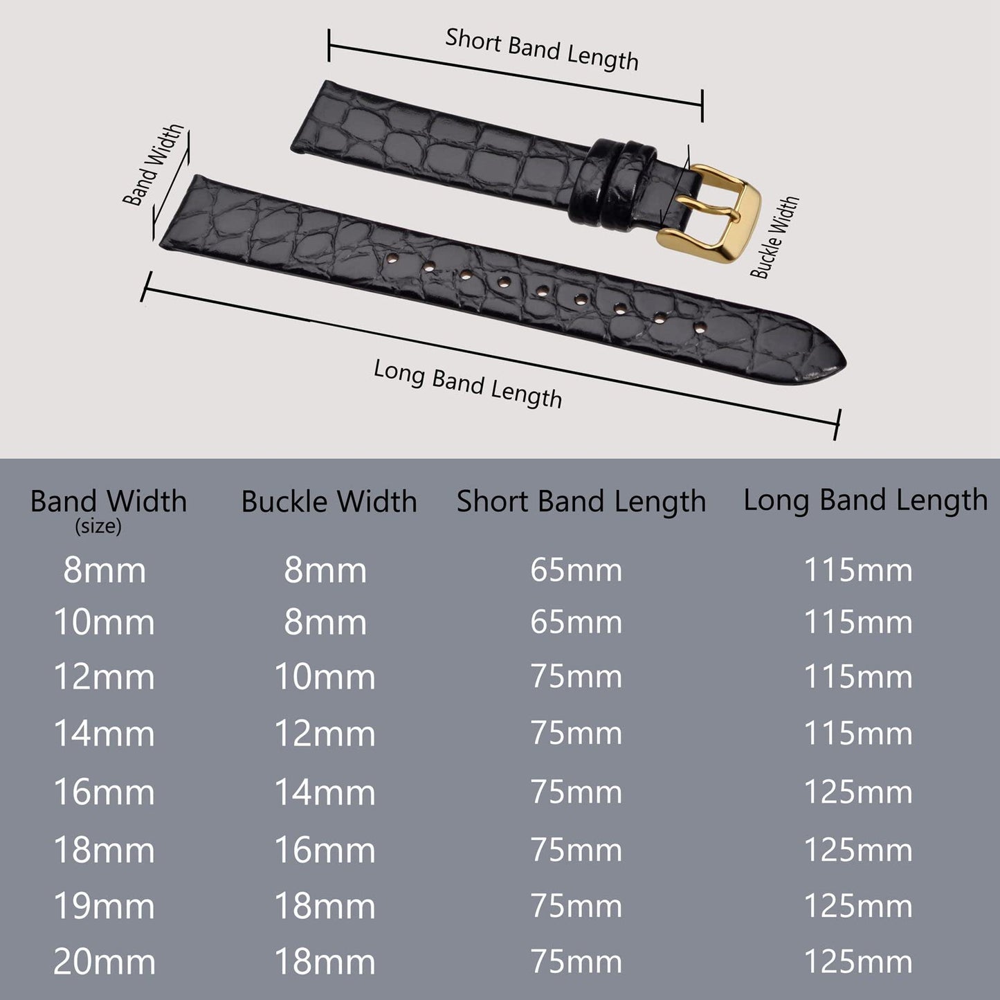 BISONSTRAP Watch Straps for Women, Crocodile Pattern Leather Thin Watch Replacement Bands,8mm, Black with Gold Buckle