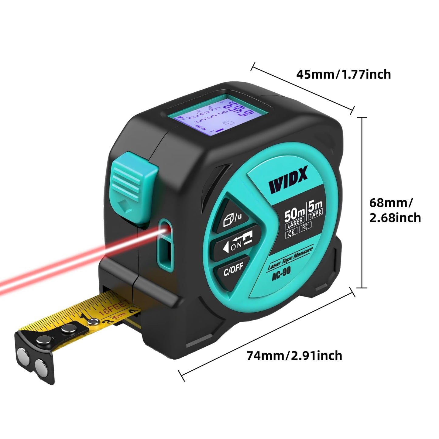 WIDX 2 in1 Laser Tape Measure,164ft Laser Distance Measurement & 16ft Auto-Lock Tape Measure with Magnetic Hook, LCD Display, in/Ft/M Unit, Linear/Area/Volume/Pythagorean for Different Scenarios