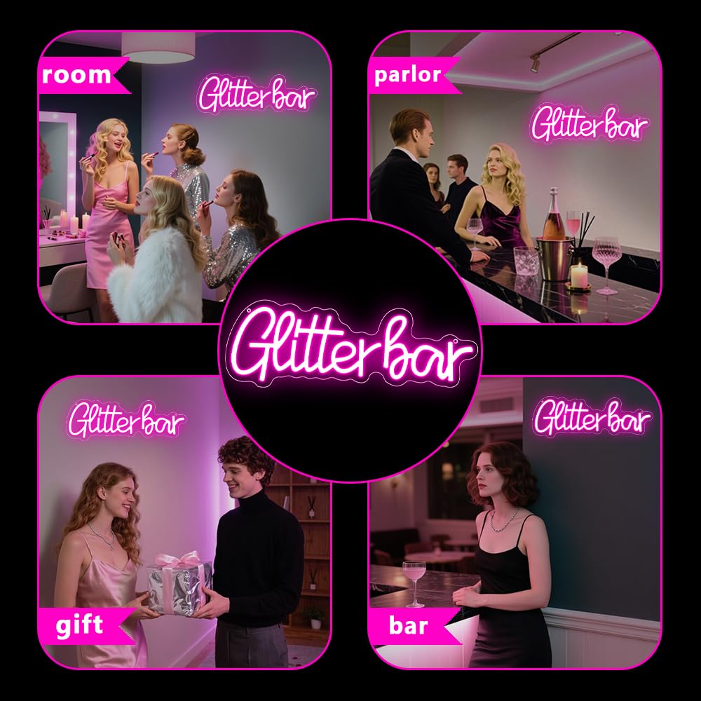 Glitter Bar Neon Sign,Bar Signs for Home Bar Decor,Led Bar Sign for Wedding,Birthday Party,Music Festival,Bachelor Party,Halloween, Christmas Decoration,Best Gift for Boys and Girls