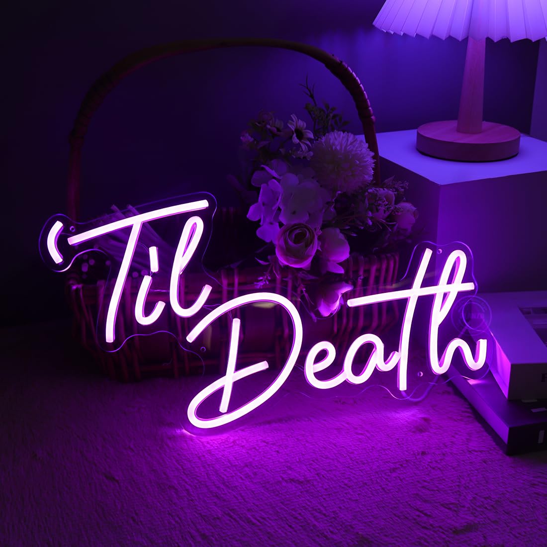 Planzo Til Death LED Neon Light Signs Wedding Birthday Party Wall Decor Sign Home Bedroom Living Room Bar Pub Hanging Halloween Christmas Gifts USB 5V 17IN Indoors Purple
