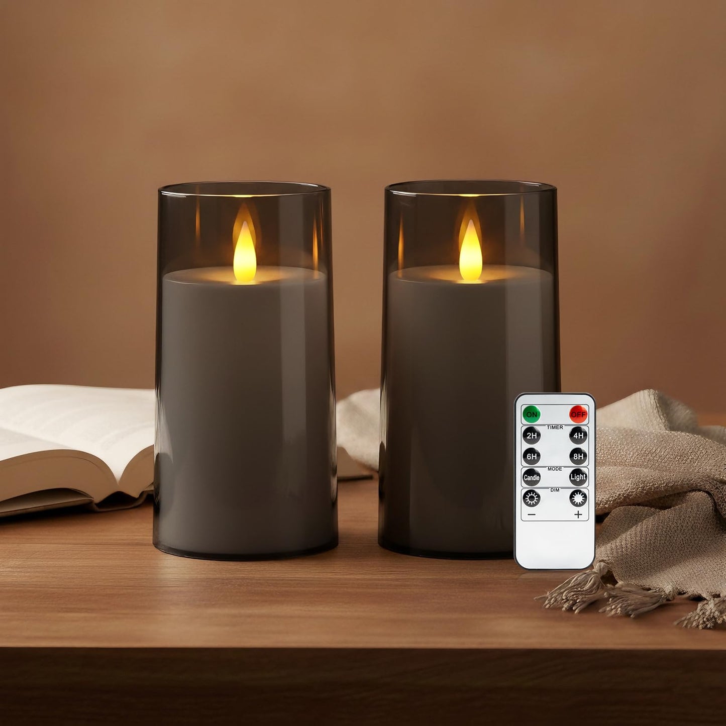 Raycare Christmas Flameless Electronic Pillar Candles with Remote Control and Timer- Battery Operated Realistic Flickering LED Fake Candle for Home, Wedding Decor,Grey,Set of 2(3"x6"6")