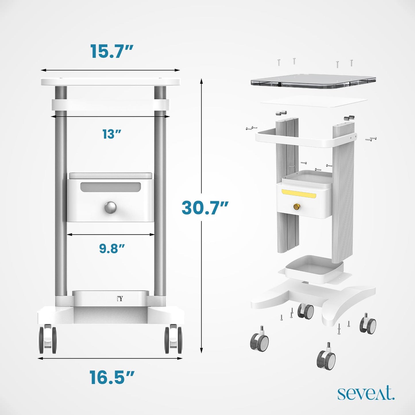 Seveat Professional Medical Cart | 3-Tier Rolling Trolley with Drawers | 198 lbs Capacity | Portable Utility Cart for Hospitals, Clinics, Spa, Office, or Home (White)