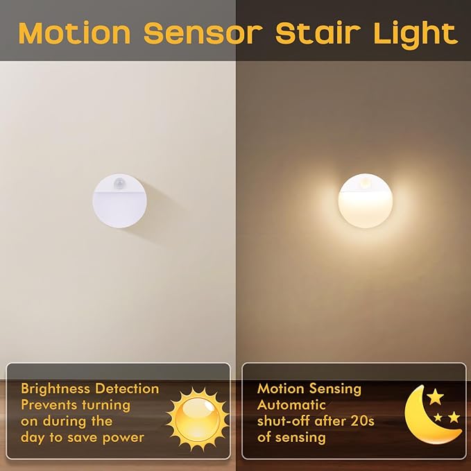 8 Pack Motion Sensor Stair Light for Indoor, Battery Operated Night Lights, Led Stick On Puck Lighting Closet Lamp, Motion Activated Lamps for Step, Cabinet, Hallway, Bathroom