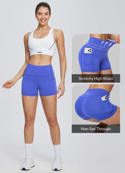 baleaf Gym Shorts Women 3" Biker Workout Yoga Spandex Running Volleyball Tummy Control Compression with Pockets Earth Blue XL