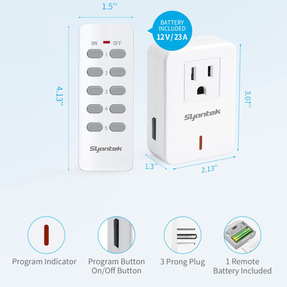 Remote Control Outlet Wireless Light Switch for Household Appliances, Expandable Remote Light Switch Kit, Up to 100 ft Range, White (5 Outlets + 2 Remotes)