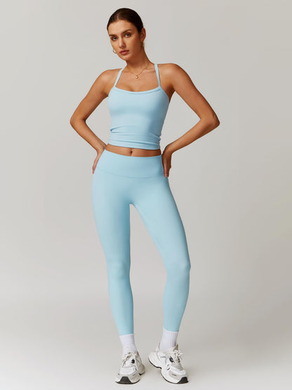 Womens Workout Sets Two Piece Seamless Stretch Cross Back Tank Top Matching Tummy Control High Waist Leggings Set 2 Piece For Women Gym Yoga Active Wear Outfits Athletic Work Out Clothes Blue S
