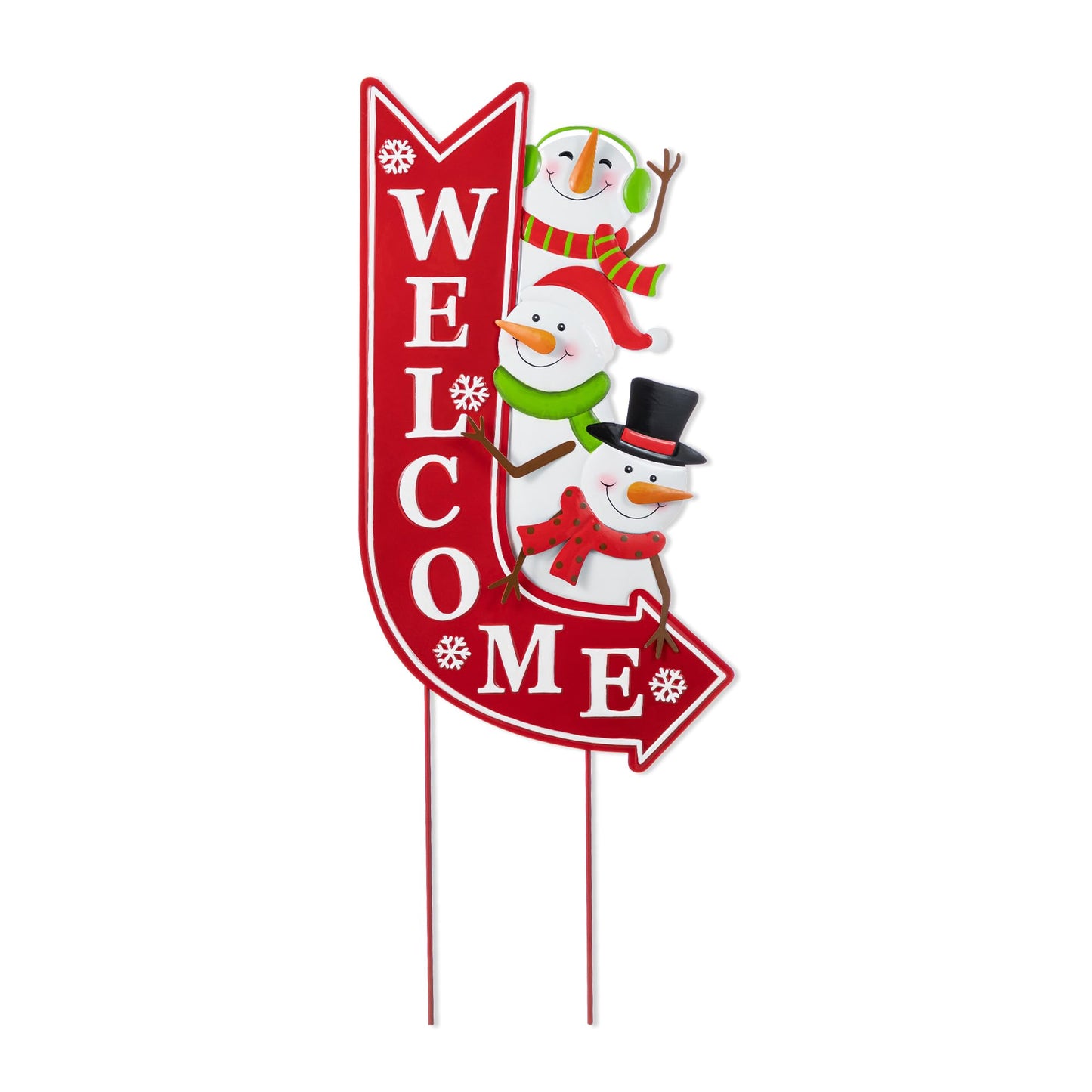 Glitzhome Christmas Welcome Yard Stake, 35.75 Inch Snowmen with Red Arrow Sign, Metal Outdoor Holiday Decor for Lawn, Garden, Porch, Easy Assembly Iron Wall or Ground Decoration
