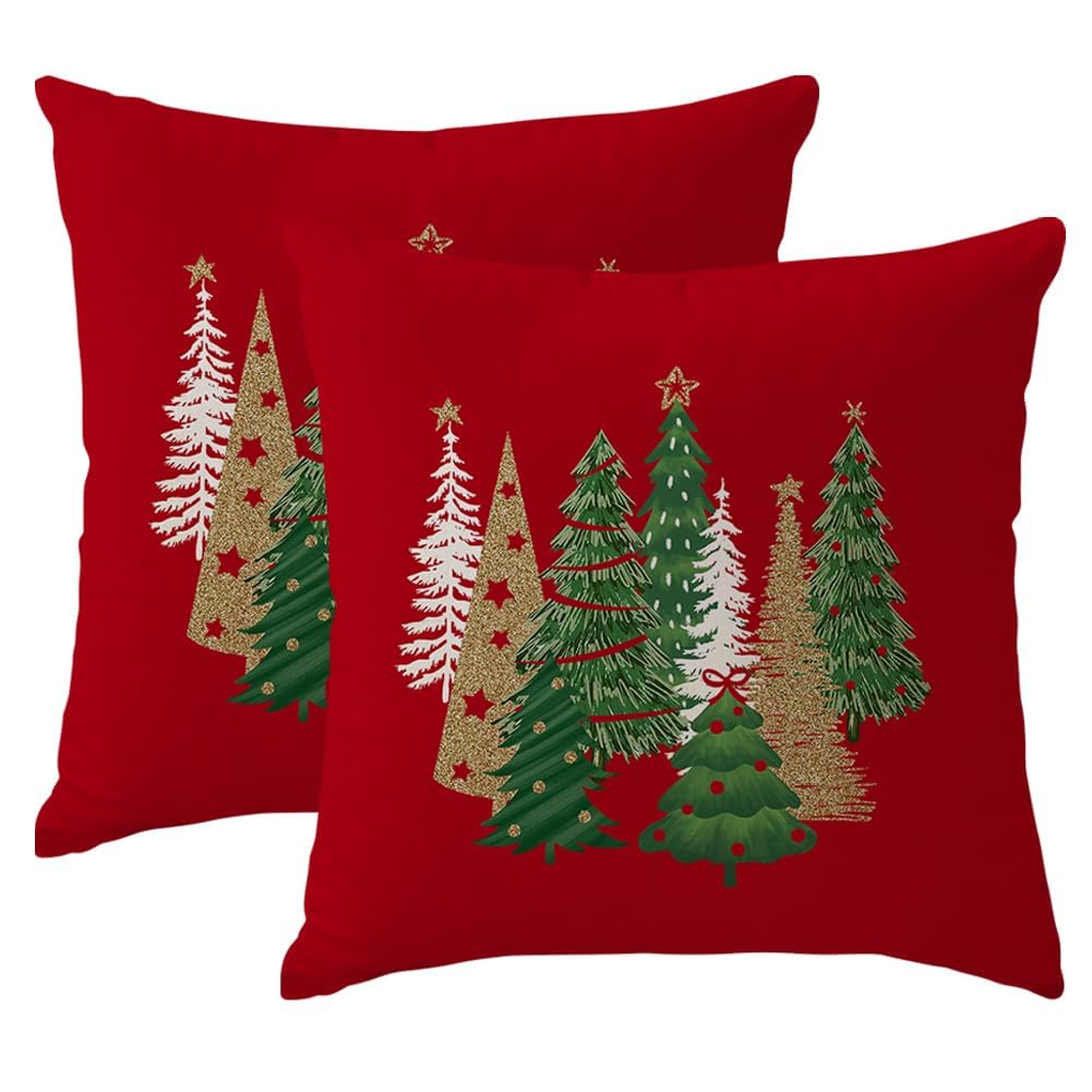 RABUSOFA Christmas Pillow Covers 18x18 Inch Tree Decorations Red Velvet Throw Pillow Cases Xmas Christmas Decor Winter Decorative Pillows for Couch Holiday Soft Gold