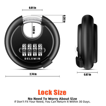 DELSWIN 4-Digit Disc Combination Lock Outdoor - Heavy Duty Combination Padlocks with Hardened Steel Shackle Weatherproof Combo Locks for Gates,Sheds,Fence,Storage Unit (3/8" Shackle, Black,2 Pcs)