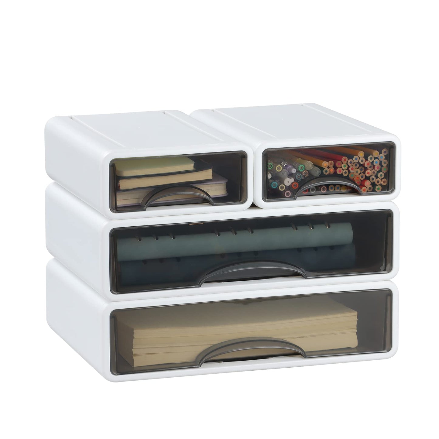 OSteed White Desktop Drawers for Paper, Stackable Office Storage Drawers for Desk, Craft Organizer and Storage Bins, 4 Mixed Storage Container with Plastic Drawers for Office Supplies Desk accessories