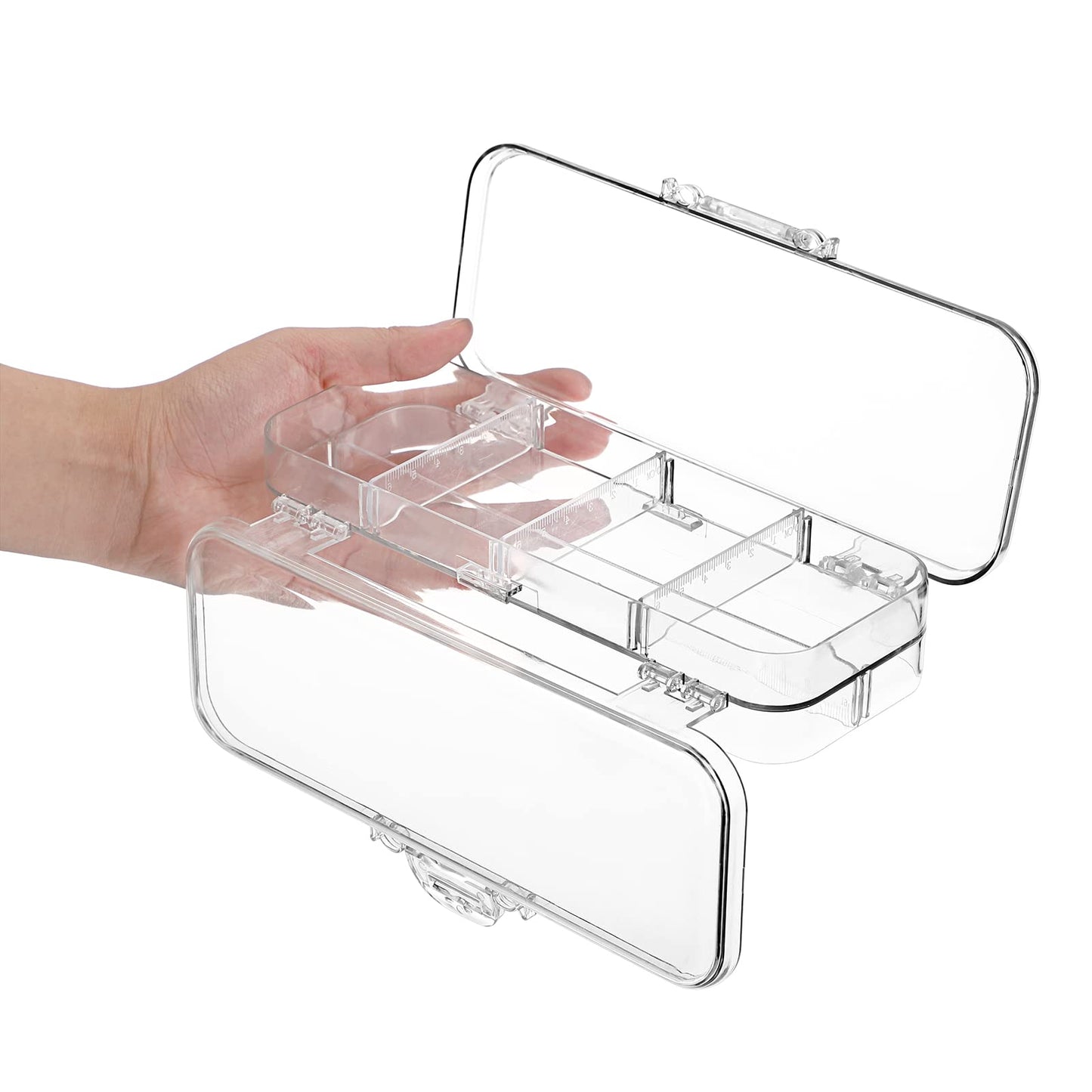 BTSKY Double Deck Pencils Box Clear Plastic Stationery Box with 4 Removable Ruler Dividing Spacers Multi-grid Home Utility Boxes with 6 Compartments for Pencils Erasers Clips (Clear)
