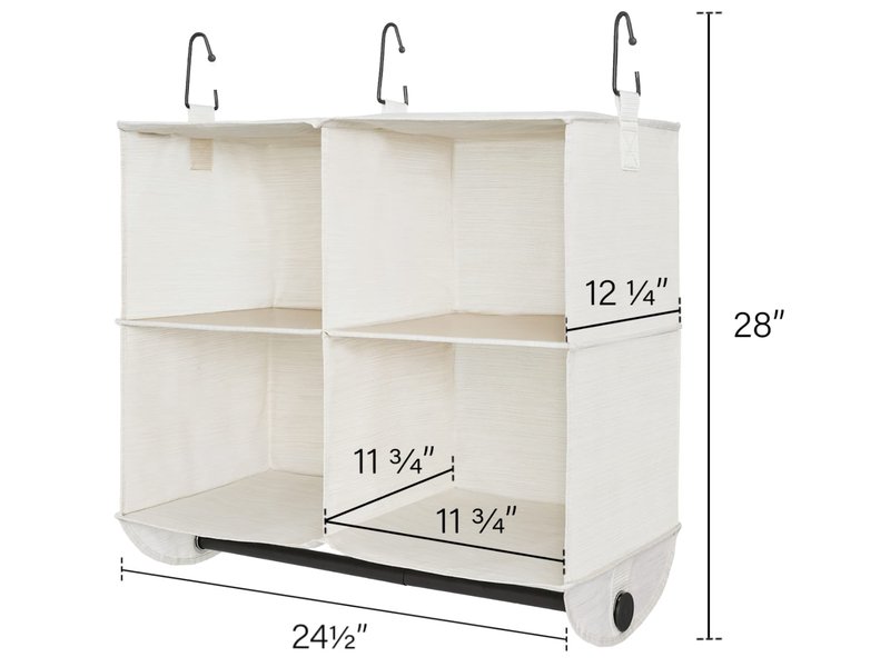 StorageWorks Hanging Closet Organizer with Metal Rod, 4-Section Closet Organizers and Storage, Collapsible Hanging Shelves for Baby Clothes, Shoes, Sweater Storage, Ivory and White