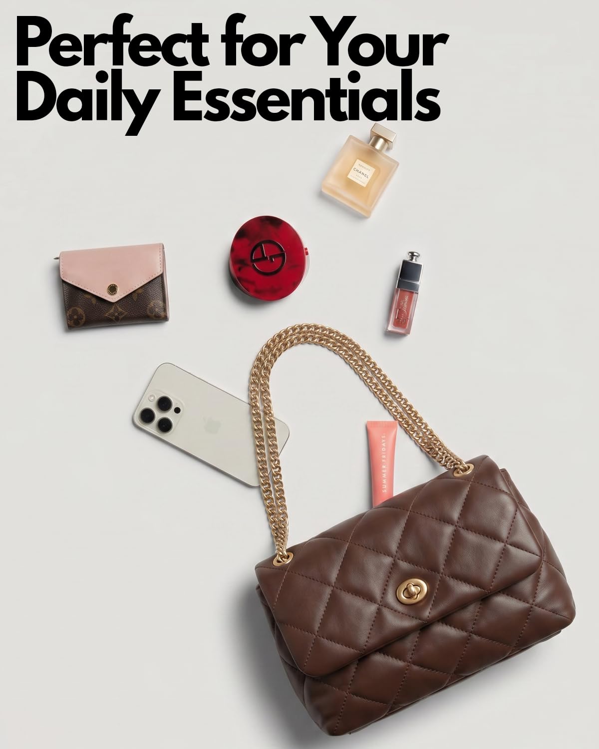 Apryl Quilted Crossbody Bags for Women - Shoulder Bag with Chain Purse Strap - Small Trendy Soft PU Vegan Leather Designer Purses - Chocolate Brown
