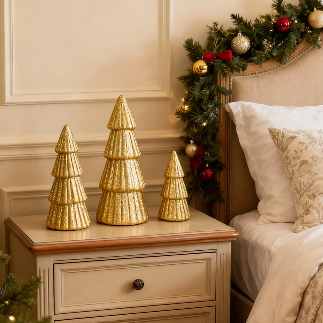 Joyhalo Tabletop Christmas Trees, Set of 3 Frosted Christmas Trees Indoor Xmas Decoration Centerpieces for Table, Mantel, Holiday, Party and Home Decor, Gold