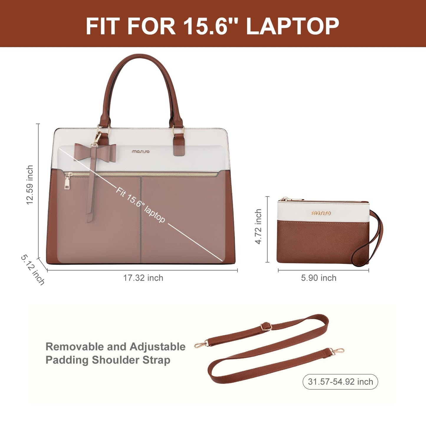 MOSISO Laptop Tote Bag for Women, 15.6 inch Waterproof PU Leather Work Bag with Clutch Purse & Bowknot, Large Capacity Handbag Shoulder Computer Bags Work Briefcase for Business Teacher Office, Brown