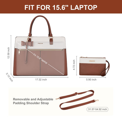 MOSISO Laptop Tote Bag for Women, 15.6 inch Waterproof PU Leather Work Bag with Clutch Purse & Bowknot, Large Capacity Handbag Shoulder Computer Bags Work Briefcase for Business Teacher Office, Brown