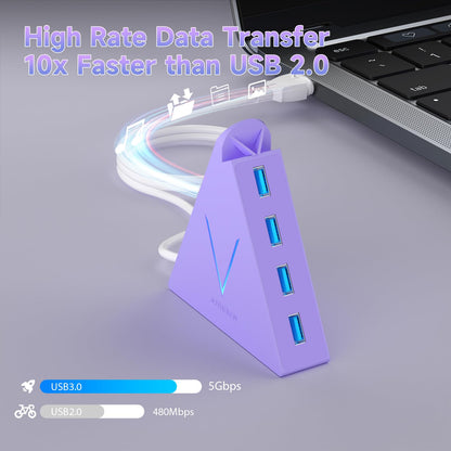 4-Port USB 3.0 Hub, FlyingVHUB Vertical Data USB Hub with 2 ft Extended Cable, for Mac, PC, Xbox One, PS4, PS5, iMac, Surface Pro, XPS, Laptop, Desktop, Flash Drive, Mobile HDD(Pink)