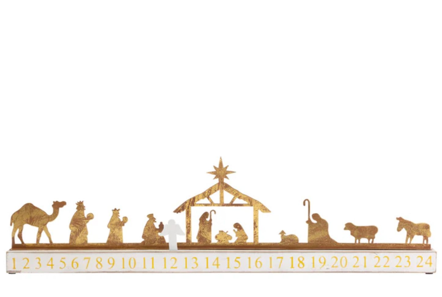Boston International Advent Calendar Christmas Countdown Sign Tabletop Mantel Shelf Winter Holiday Decorations for Home, 23" x 7", Gold & White Nativity