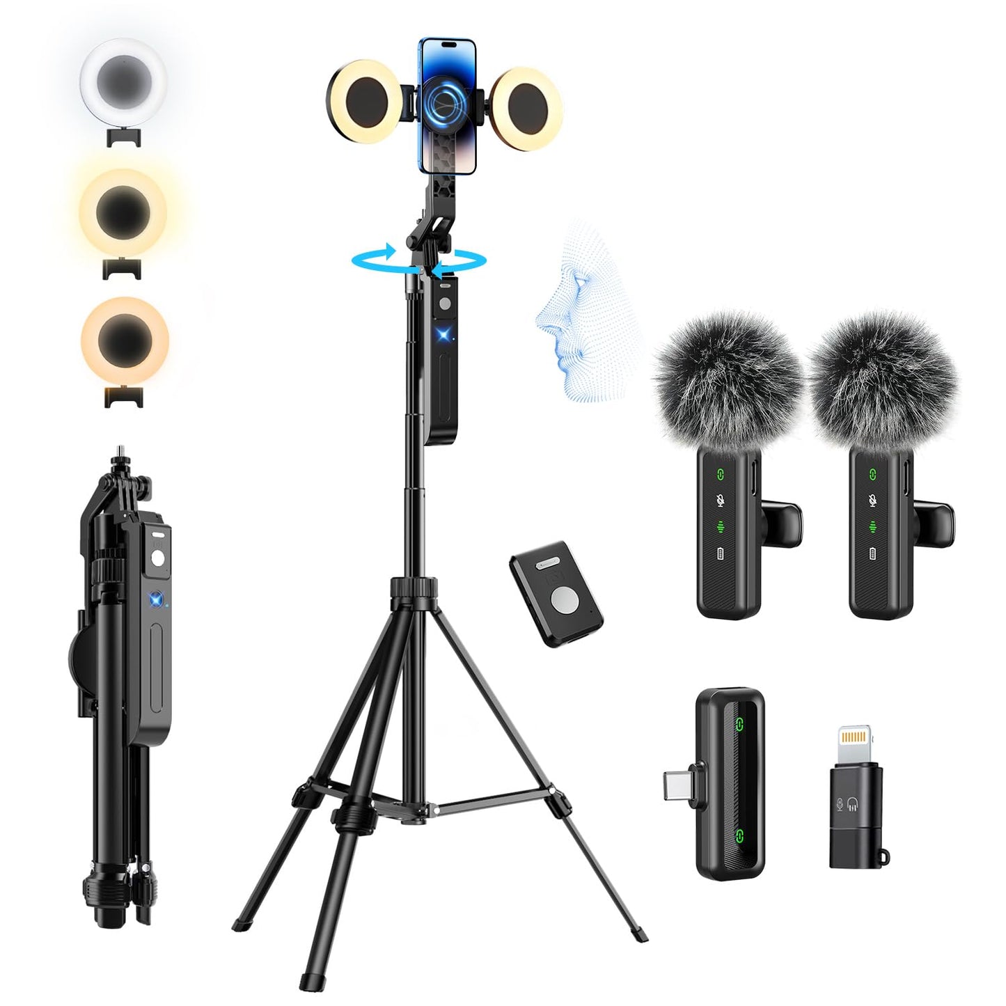 yAyusi Magnetic Vlogging Kit for iPhone/Android, 70.9" Auto Face Tracking Tripod for iPhone with Light, Microphone/Remote Control, Content Creator Essentials Starter Kit for TikTok and YouTube