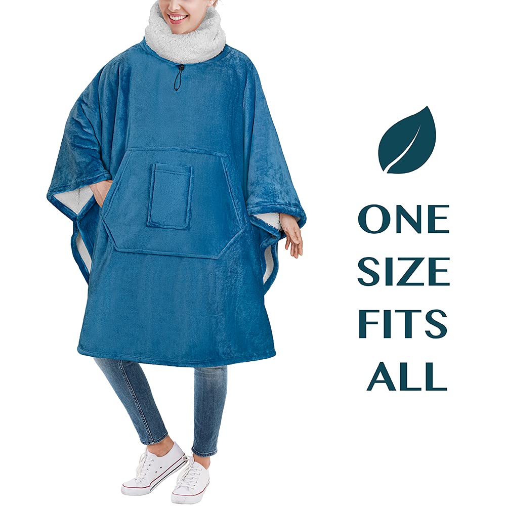 PAVILIA Sherpa Wearable Blanket Poncho for Women Men, Oversized Hoodie Sweatshirt Poncho Blanket, Hooded Sweater Wrap Cape Neck Warmer, Fleece Soft Hug Sleep Pod Adult, Cozy Warm Gift Ideas, Teal Blue