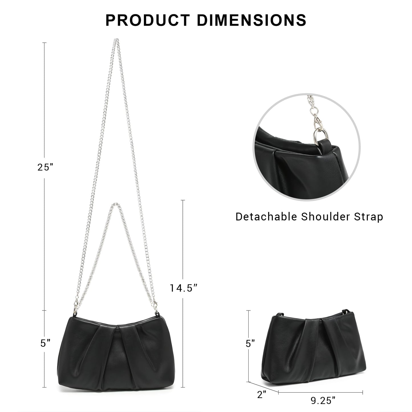 Dasein Elegant Pleated Evening Bag Soft Vegan Leather Clutch Purse Dressy Formal Handbag with 2 Chain Straps for Women (Black)