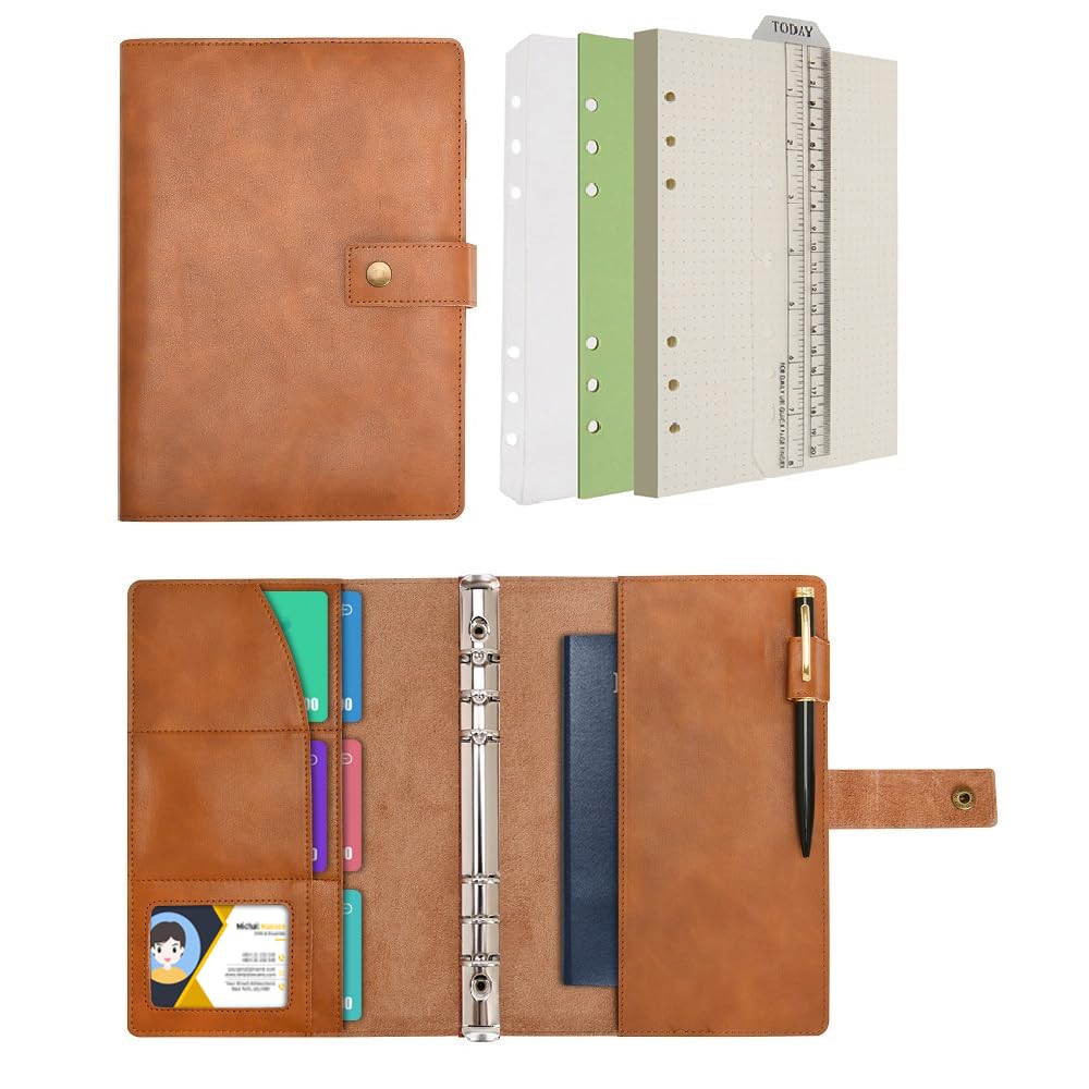 WONDERPOOL Leather Journal Refillable Notebook Spiral Diary Binder Portfolio - A5 Dotted Paper & Inner Pockets for Travel Work and Personal Organizer (Brown, A5)